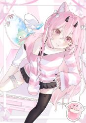 1girl :q angel_wings animal_ear_fluff animal_ears asymmetrical_shirt bare_shoulders black_bra black_horns black_nails black_skirt black_thighhighs bow bra cartoon_wings closed_mouth commentary crossed_bangs demon_horns detached_wings dot_nose english_commentary eyelashes foot_out_of_frame fox_ears fox_girl fox_tail frilled_thigh_strap hair_between_eyes hair_bow head_only head_tilt highres horns lace lace-trimmed_bra lace-trimmed_thighhighs lace_trim leg_up light_blush lips long_sleeves looking_at_viewer melamel_3 microskirt mirror monster multiple_views my_melody nail_polish off-shoulder_shirt off_shoulder on_chair onegai_my_melody original pink_background pink_eyes pink_shirt pleated_skirt sanrio shadow shirt single_thighhigh sitting skirt sleeves_past_wrists small_horns smile socks star_(symbol) star_sticker sticker_on_face striped_background striped_clothes tail thigh_strap thighhighs tongue tongue_out two-tone_background two-tone_shirt two_side_up underwear white_background white_bow white_shirt white_socks white_wings wings
