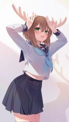 1girl :3 antlers arms_up blue_neckerchief blue_sailor_collar blue_skirt blush brown_hair commentary_request corrupted_twitter_file cowboy_shot deer_antlers deer_girl green_eyes hair_between_eyes highres horns legs_together long_sleeves looking_at_viewer midriff_peek motoi_(croa76) navel neckerchief open_mouth pleated_skirt sailor_collar school_uniform shikanoko_noko shikanoko_nokonoko_koshitantan shirt short_hair skirt smile solo standing tongue white_shirt