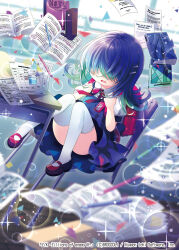 1girl ass backpack bag blurry blurry_foreground book bow chair character_request collared_shirt commentary_request convenient_leg depth_of_field desk dress dress_shirt eraser facing_viewer floating gradient_hair green_hair hair_over_eyes hands_up holding_strap indoors levitation multicolored_hair official_art open_book open_mouth pencil puffy_short_sleeves puffy_sleeves purple_dress purple_hair randoseru red_bow red_shoes sakurazawa_izumi school_chair school_desk shirt shoes short_sleeves sleeveless sleeveless_dress solo thighhighs wavy_mouth white_shirt white_thighhighs z/x