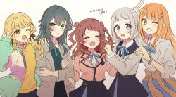 5girls ;d ^_^ anniversary black_bow black_skirt blazer blonde_hair blue_overskirt blue_ribbon blue_skirt blush bow braid brown_cardigan brown_hair brown_jacket cardigan cardigan_around_waist chain chain_bracelet closed_eyes clothes_around_waist coat commentary_request dated fang fujita_kotone gakuen_idolmaster green_eyes green_shirt grey_coat grey_hair grin gyaru hair_bow hair_flaps hair_ribbon half_up_braid hanami_saki hatsuboshi_gakuen_school_uniform highres idolmaster jacket katsuragi_lilja kogal long_hair mole mole_under_eye multicolored_jacket multiple_girls neck_ribbon one_eye_closed open_mouth orange_hair ribbon ribbon_braid school_uniform shirt shiun_sumika short_hair simple_background skin_fang skirt smile straight_hair tsukimura_temari twin_braids two_side_up v very_long_hair white_background white_shirt yellow_shirt yff25147