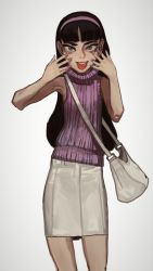 1girl :p animification bag black_hair blue_eyes cowboy_shot fingernails hands_up highres long_hair looking_at_viewer miniskirt mossacannibalis nail_polish pink_nails pink_sweater ribbed_sweater shoulder_bag simple_background skirt smile solo sweater sweater_vest taut_clothes taut_skirt the_fairly_oddparents tongue tongue_out trixie_tang white_background white_skirt