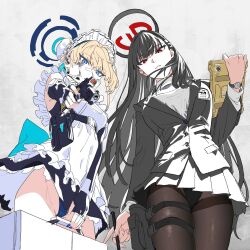 2girls black_hair black_skirt blonde_hair blue_archive blue_eyes breasts brown_pantyhose gun hair_ornament hairclip halo highres holding holding_gun holding_weapon id_card long_hair long_sleeves looking_at_viewer maid_headdress miniskirt multiple_girls pantyhose red_eyes rio_(blue_archive) skirt thigh_strap toki_(blue_archive) utsuda watch weapon