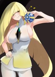 1girl absurdres areola_slip armpits beast_ball black_background blonde_hair breasts collarbone green_eyes highres large_areolae large_breasts long_hair looking_at_viewer lusamine_(pokemon) mature_female nintendo pantyhose poke_ball pokemon pokemon_sm s4ika sleeveless smile solo very_long_hair