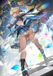 1girl ahoge artoria_pendragon_(fate) ass back black_boots blonde_hair blue_dress blue_ribbon boots braid breasts crown dress excalibur_(fate/stay_night) fate_(series) fur_trim gauntlets green_eyes hair_bun hair_ribbon high_heel_boots high_heels highres honkai:_star_rail honkai_(series) juliet_sleeves knee_boots large_breasts long_hair long_sleeves looking_at_viewer looking_back panties puffy_sleeves ribbon saber_(fate) sidelocks solo sword teddypocky underwear weapon