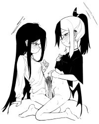 1boy 2girls asahina_yoshitoshi barefoot blue_archive blush bottomless choker closed_mouth clothes_lift erection ffm_threesome greyscale group_sex halo highres horns kayoko_(blue_archive) kei_(blue_archive) lifting_own_clothes long_hair long_sleeves monochrome multiple_girls penis penis_on_stomach ponytail shirt_lift short_sleeves single_wing smile threesome uncensored wings