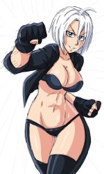 1girl angel angel_(kof) blue_eyes breasts female_focus gloves highres jacket large_breasts leather lewdamone looking_at_viewer open_clothes pale_skin panties shiny_skin short_hair smile smiley_face standing the_king_of_fighters thighs toned toned_female underwear white_hair