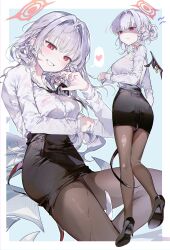 Rule 34 | 0202ase, 1girl, absurdres, alternate costume, black footwear, black necktie, black pantyhose, black skirt, black tail, black wings, blue archive, commentary request, demon girl, demon tail, demon wings, from behind, hair intakes, halo, haruna (blue archive), high heels, highres, looking at viewer, multiple views, necktie, pantyhose, partially shaded face, red eyes, red halo, single wing, skirt, smile, standing, tail, wings