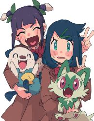 Rule 34 | 2girls, animal, ann (pokemon), blue eyes, blue fur, blue hair, blush, bow, brown dress, cat, closed eyes, double bun, dress, eyelashes, fang, fangs, gen 5 pokemon, green fur, hair bun, hair ornament, hairclip, highres, holding, holding animal, liko (pokemon), looking at viewer, multiple girls, nervous sweating, nintendo, open mouth, oshawott, pawpads, pokemon, pokemon (anime), pokemon (creature), pokemon horizons, purple hair, red bow, red eyes, scallop, sprigatito, sweat, tongue, two-tone fur, v, white background, white fur, yusho (ossm03)