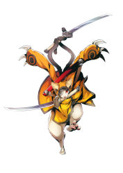 Rule 34 | 1boy, animal ears, arms up, blazblue, blazblue: central fiction, cat, cat ears, claws, coat, eyepatch, full body, furry, furry male, highres, holding, holding with tail, jubei (blazblue), katou yuuki, long sleeves, looking at viewer, male focus, mouth hold, multiple tails, official art, one eye covered, prehensile tail, red eyes, sheath, simple background, tail, whiskers, white background