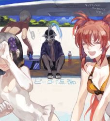 2boys 2girls alternate_costume bad_drawr_id bad_id bare_pectorals bare_shoulders beach bikini black_hair black_male_swimwear black_swim_trunks breasts brown_hair casual_one-piece_swimsuit cleavage cooler dark_skin day drawr frilled_one-piece_swimsuit frilled_swimsuit frills grey_hair hair_ornament hidden_face judas_(tales) long_hair loni_dunamis male_swimwear mask medium_breasts multiple_boys multiple_girls nanaly_fletch nishihara_isao o-ring o-ring_bikini oekaki one-piece_swimsuit open_mouth orange_bikini outdoors pectorals reala_(tales) red_hair shade short_hair sitting slice_of_life small_breasts smile strap_gap swim_trunks swimsuit tales_of_(series) tales_of_destiny tales_of_destiny_2 topless_male translation_request twintails very_short_hair white_one-piece_swimsuit