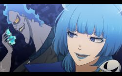 Rule 34 | 1girl, blue eyes, blue fire, blue hair, blue lips, colored skin, disneyland, dress, eyeshadow, fiery hair, fire, hades (disney), hercules (1997 movie), lipstick, long hair, long sleeves, looking at viewer, makeup, ms. hades, okoge1138, short hair, yellow eyes