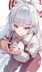 1girl black_nails bow fujiwara_no_mokou hair_bow hair_ribbon long_hair long_sleeves looking_at_viewer mahoro_(minase_mahoro) nail_polish own_hands_together pants red_eyes red_pants ribbon shirt smile tongue tongue_out touhou very_long_hair white_background white_hair white_shirt