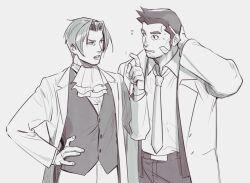 2boys ace_attorney arm_behind_head ascot coat collared_shirt commentary curtained_hair dick_gumshoe flying_sweatdrops greyscale halorane hand_on_own_hip index_finger_raised looking_at_another male_focus miles_edgeworth monochrome multiple_boys necktie shirt sideburns symbol-only_commentary vest