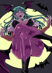 1girl animal_print bat_(animal) bat_print bat_wings black_boots black_leotard boots breasts bridal_gauntlets cleavage commentary crossed_legs darkstalkers demon_girl elbow_gloves fangs floating flying full_moon fur-trimmed_leotard fur_trim gloves glowing glowing_eyes green_eyes green_hair head_wings large_breasts leotard long_hair looking_at_viewer low_wings moon morrigan_aensland nail_polish open_mouth orange_gloves orange_nails pantyhose print_pantyhose purple_pantyhose shiny_clothes shiny_legwear solo takafumi_696 thick_thighs thighs wings yellow_eyes