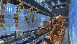 1girl assembling conveyor_belt dolphin_wave factory game_cg highres holographic_monitor indoors industrial kurenashi_yuuri machine machinery mechanical_arms non-web_source official_art production_line rigging solo working