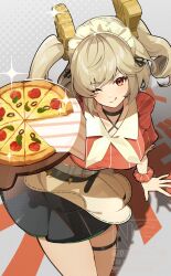 1girl absurdres black_skirt blonde_hair burnice_white burnice_white_(operation_yum_2025) closed_mouth food highres holding holding_plate looking_at_viewer medium_hair mikami_michael official_alternate_costume one_eye_closed pink_shirt pizza plate red_eyes shirt skirt smile solo thigh_strap tongue tongue_out twintails zenless_zone_zero