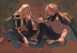 2boys black_coat black_pants blonde_hair blue_eyes coat daybit_sem_void fate/grand_order fate_(series) highres hungrycookies1 indian_style long_hair male_focus multiple_boys pants purple_eyes sitting tezcatlipoca_(fate)