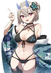 1girl absurdres arm_at_side bare_shoulders bikini black_bikini blue_horns breasts choker collarbone cowboy_shot criss-cross_halter crossed_bangs floral_print flower front-tie_bikini_top front-tie_top grey_hair hair_between_eyes hair_between_horns hair_flower hair_ornament hair_rings halterneck hand_up highres horns index_finger_raised japanese_clothes kimono large_breasts looking_at_viewer multi-strapped_bikini_bottom multicolored_kimono navel off_shoulder oni oni_horns open_mouth original pink_eyes pointy_ears print_kimono short_eyebrows short_hair side-tie_bikini_bottom simple_background single_thighhigh smile solo standing swimsuit teeth thick_eyebrows thigh_gap thighhighs upper_teeth_only wendao white_background