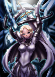 1girl armor arms_up blonde_hair boken_fantasy breasts cape claymore_(series) female_focus grey_eyes helen highres short_hair smile solo sword weapon