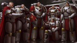 Rule 34 | 6+boys, adeptus astartes, arhpriest, armor, arrow (symbol), bald, blonde hair, bolter, chainsword, cloak, eyes of horus (warhammer 40k), ezekyle abaddon, facial hair, full armor, garviel loken, helmet, highres, holding, holding helmet, holding sword, holding weapon, horus aximand, kneeling, luna wolves, male focus, military vehicle, mournival, multiple boys, mustache, ornate armor, power armor, red cloak, reflective floor, roman numeral, shoulder armor, sword, tarik torgaddon, warhammer 40k, weapon, white armor, wing ornament