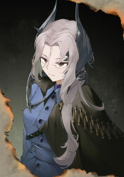 Rule 34 | 1girl, absurdres, black cape, blue jacket, burnt, cape, closed mouth, fjs..., gradient background, grey background, grey eyes, grey hair, hair between eyes, hair ornament, highres, jacket, long hair, looking at viewer, military uniform, parted bangs, reverse:1999, rifle cartridge, sentinel (reverse:1999), solo, upper body