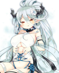 1girl bare_shoulders blue_flower blue_rose blush breasts collarbone commentary_request draph female_focus flower granblue_fantasy hair_between_eyes hair_flower hair_ornament highres horns izmir izmir_(summer)_(granblue_fantasy) large_breasts long_hair looking_at_viewer mole mole_under_mouth navel pointy_ears red_eyes rose silver_hair simple_background snowflake_hair_ornament solo swimsuit underboob white_background yuzuki_gao