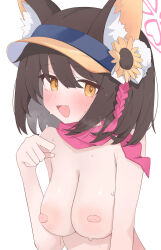 1girl absurdres animal_ears blue_archive breasts brown_hair fox_ears fox_girl gu_meng_yin halo highres izuna_(blue_archive) izuna_(swimsuit)_(blue_archive) large_breasts looking_at_viewer nipples nude open_mouth orange_eyes pink_halo pink_scarf scarf short_hair simple_background solo upper_body visor_cap white_background