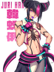 1girl 2025 absurdres aqua_eyes aqua_nails bare_shoulders belt black_hair blunt_bangs body_markings bracelet breasts candy character_name collar commentary contrapposto cowboy_shot diagonal_bangs eyes_visible_through_hair fingerless_gloves fingernails food gloves hair_horns hair_over_one_eye han_juri hand_on_own_hip heterochromia hichi highres holding holding_candy holding_food holding_lollipop jewelry lipstick lollipop long_fingernails looking_at_viewer makeup medium_breasts multicolored_hair nail_polish navel pants pink_eyes pink_hair pink_lips signature slit_pupils solo spiked_bracelet spiked_collar spikes standing street_fighter street_fighter_6 two-tone_hair v-shaped_eyebrows white_background yin_yang zipper