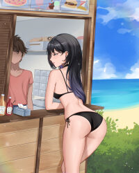 Rule 34 | 1boy, 1girl, absurdres, ass, bikini, black bikini, black choker, black hair, blue eyes, breasts, brown hair, choker, day, ear piercing, faceless, faceless male, highres, leaning on object, long hair, medium breasts, mole, mole under eye, nabi (wonnikon), original, outdoors, piercing, short hair, side-tie bikini bottom, swimsuit, wonnikon