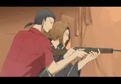 2boys aoi_(dizzy) black_hair brown_hair glasses gun higurashi_no_naku_koro_ni irie_kyousuke letterboxed light_smile low_ponytail male_focus multiple_boys okonogi_tetsurou ponytail rifle teaching weapon yaoi