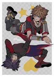 Rule 34 | 2boys, belt, black bodysuit, black hair, black pants, black shirt, blue eyes, bodysuit, boots, brown hair, cape, chain, chain necklace, character name, checkered background, chin guard, clenched hand, commentary, elbow rest, fingerless gloves, foreshortening, full body, gloves, hand on own face, head on hand, heart, highres, jacket, jewelry, kingdom hearts, kingdom hearts iii, knee boots, looking to the side, lying, male focus, multicolored footwear, multicolored jacket, multiple boys, necklace, oimo (oimkimn), on stomach, open clothes, open jacket, pants, paopu fruit, red footwear, rotational symmetry, shirt, shoes, short hair, smile, sora (kingdom hearts), spiked hair, torn cape, torn clothes, upside-down, v-neck, vanitas (kingdom hearts), waist cape, wrist straps, yellow belt, yellow eyes