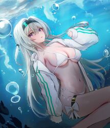 Rule 34 | 1girl, absurdres, alternate costume, bikini, black hairband, blush, breasts, dana (hapong07), firefly (honkai: star rail), hair ornament, hairband, highres, honkai: star rail, honkai (series), jacket, large breasts, long hair, long sleeves, looking at viewer, navel, open clothes, open jacket, parted lips, purple eyes, solo, stomach, submerged, swimsuit, thigh strap, underboob, underwater, white bikini, white hair, white jacket