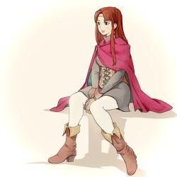 1girl black_dress boots breasts brown_boots brown_hair cape circlet dress earrings full_body gensou_suikoden gensou_suikoden_i gloves headband high_heel_boots high_heels highres jewelry long_hair medium_breasts odessa_silverberg pantyhose petopise1 red_cape simple_background skirt solo white_background