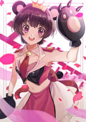 1girl :d absurdres animal_ears animal_hands back_bow bear_ears bear_girl bear_paws black_jacket blush bow breasts brown_hair collarbone cowboy_shot cropped_jacket cropped_shirt crown gloves gold_crown hand_up highres huwarinn99 jacket looking_at_viewer midriff navel open_mouth paw_gloves pink_eyes pink_shirt pink_skirt red_bow shirt short_hair skirt sleeveless sleeveless_jacket small_breasts smile solo standing strapless strapless_shirt two-tone_skirt white_skirt yuri_kuma_arashi yurishiro_ginko