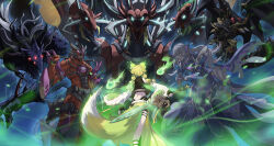1girl 2girls 3others absurdres animal_ear_fluff animal_ears asymmetrical_legwear axe black_scales blonde_hair borrelend_dragon detached_sleeves double-edged_sword_(yu-gi-oh!) dragon_horns dragon_wings duel_monster fins fox_ears fox_girl fox_tail grey_hair hat head_fins highres holding holding_axe holding_sword holding_weapon horns hu-li_the_jewel_mikanko jiu_ji kashtira_fenrir long_hair long_sleeves multiple_girls multiple_others muscular non-humanoid_robot open_mouth red-eyes_dark_dragoon red_eyes robot robot_dragon sword tail tearlaments_reinoheart true_king_of_all_calamities weapon wide_sleeves wings wizard wizard_hat yu-gi-oh!