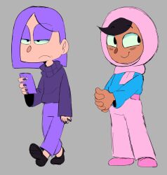 2girls black_footwear black_hair blue_shirt bored cellphone dark-skinned_female dark_skin duolingo eyeshadow full_body glitchatr half-closed_eyes highres hijab holding holding_phone light_blush lily_(duolingo) long_sleeves looking_to_the_side makeup multiple_girls pants phone pink_hijab pink_pants pink_shoes purple_eyeshadow purple_hair purple_pants purple_sweater shirt shoes short_hair smile standing sweater zari_(duolingo)