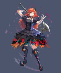 1girl axe bandages black_dress choker collarbone commentary commission dimple_facial_mark dress english_commentary facial_mark fire_emblem fire_emblem_engage flower full_body fur_trim hair_flower hair_ornament highres long_hair nintendo orange_eyes orange_hair panette_(fire_emblem) rod_langhi solo suspenders teeth torn_clothes torn_dress upper_teeth_only weapon yellow_eyes