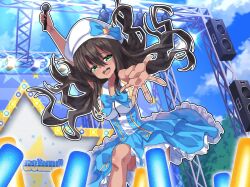 Rule 34 | 1girl, :d, beret, blue bow, blue bowtie, blue sky, bow, bowtie, breasts, brown hair, cloud, dark-skinned female, dark skin, dress, frilled dress, frills, glowstick, green eyes, hair between eyes, hat, hat bow, highres, holding, holding microphone, indie virtual youtuber, looking at viewer, microphone, nyaruchuuu, open mouth, outdoors, outline, outstretched arm, penlight (glowstick), sky, sleeveless, sleeveless dress, smile, solo, speaker, star (symbol), sunnysideup, teeth, third-party source, tongue, upper teeth only, virtual youtuber, white hat