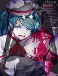 3girls akita_neru alternate_costume blue_eyes blue_hair chef_hat clenched_teeth drill_hair from_behind grey_shirt hair_between_eyes hat hatsune_miku highres hyap0_100 kasane_teto looking_at_another looking_at_viewer looking_back multiple_girls neckerchief obsolete_meat_(vocaloid) plate red_eyes red_hair red_neckerchief shadow shirt short_sleeves sweatdrop teeth twintails utau vocaloid white_hat white_shirt