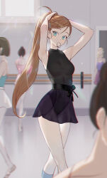 5girls balletcore barre black_leotard blue_eyes blurry breasts brown_hair depth_of_field leotard long_hair looking_at_viewer medium_breasts multiple_girls original oto1_030 ponytail see-through_clothes see-through_skirt skirt solo_focus tying_hair very_long_hair