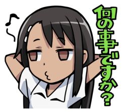 1girl 774_(nanashi) arms_behind_head black_hair brown_eyes collared_shirt ijiranaide_nagatoro-san long_hair lowres musical_note nagatoro_hayase shirt simple_background solo tan upper_body whistle white_background white_shirt