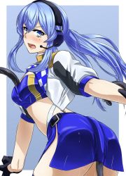 1girl akito_(sub707) bandeau blue_background blue_bandeau blue_eyes blue_hair blue_skirt blush commentary_request eel gotland_(2020_race_queen)_(kancolle) gotland_(kancolle) hair_between_eyes headset highres kantai_collection long_hair looking_at_viewer midriff mole mole_under_eye official_alternate_costume open_mouth ponytail race_queen sidelocks simple_background skirt solo