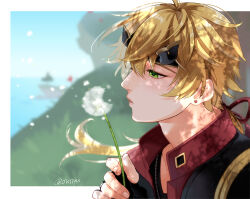 Rule 34 | 1boy, black gloves, black headband, blonde hair, blowing, blurry, blurry background, border, crossed bangs, dandelion, dandelion clock, dandelion seed, dappled sunlight, earrings, fake horns, fingerless gloves, flower, from side, genshin impact, gloves, green eyes, hair between eyes, hair ribbon, hand up, headband, holding, holding flower, horned headwear, horns, jacket, jewelry, long hair, looking at object, male focus, oisiiyu, outside border, parted lips, ponytail, portrait, profile, red jacket, red ribbon, ribbon, solo, stud earrings, sunlight, thoma (genshin impact), twitter username, white border