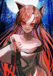 1girl animal_ears bamboo bamboo_forest blue_sky breasts brown_hair cleavage commentary_request dress dutch_angle fingernails forest full_moon highres imaizumi_kagerou long_hair long_sleeves looking_at_viewer mamiru_(42105269) medium_breasts moon nature night off-shoulder_dress off_shoulder outdoors red_brooch red_eyes red_nails sky smile solo touhou upper_body white_dress wolf_ears wolf_girl