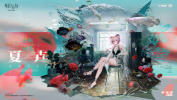 Rule 34 | 1girl, animal, animal ears, arknights, battery indicator, black sandals, ceiling light, chinese commentary, closed mouth, commentary request, copyright name, copyright notice, crossed legs, crt, eyewear on head, fish, full body, glasses, highres, holding, holding paper, jewelry, lin (arknights), lin (summer flowers) (arknights), long hair, long sleeves, looking at viewer, off shoulder, official alternate costume, official art, paper, pendant, pink eyes, pink hair, round eyewear, sandals, see-through clothes, see-through sleeves, sitting, solo, timestamp, tinted eyewear, toes, water, water drop, window, yellow-tinted eyewear