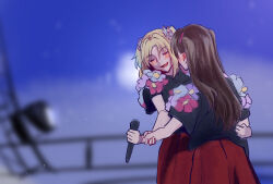 2girls 4th_live_dream_~bloom_the_dream_believers~ :d black_shirt blonde_hair blue_flower blurry blurry_background blush brown_hair brown_skirt closed_eyes commentary cowboy_shot dancing ear_blush fang flower fujishima_megumi grabbing_another&#039;s_arm hair_flower hair_intakes hair_ornament hasu_no_sora_school_uniform highres holding holding_microphone link!_like!_love_live! long_hair love_live! microphone mira-cra_park! multiple_girls open_mouth osawa_rurino parted_bangs pink_flower purple_flower risai school_uniform shirt shirt_flower short_sleeves skirt smile stage symbol-only_commentary t-shirt twintails two_side_up u_u v-shaped_eyebrows virtual_youtuber winter_uniform yuri