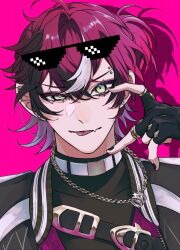 1boy arm_up belt belt_buckle belt_collar black_belt black_gloves black_nails black_shirt buckle chest_belt collar commentary_request crossed_bangs curtained_hair deal_with_it_(meme) doppio_dropscythe doppio_dropscythe_(1st_costume) eyebrow_piercing eyelashes face_piercing fingerless_gloves gloves hair_behind_ear hair_between_eyes highres jacket jewelry looking_at_viewer male_focus meme multicolored_eyes nail_polish necklace nijisanji nijisanji_en open_clothes open_jacket piercing pink_background purple_hair purple_vest ring ring_necklace shadow shirt simple_background solo sunglasses upper_body uta_maro9999 vest virtual_youtuber white_belt white_hair