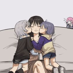 4girls age_difference artist_request camera closed_eyes couch loli multiple_girls onee-loli pink_hair shorts tagme yuri