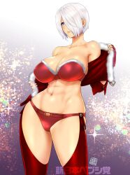 1girl abs angel_(kof) backless_pants blue_eyes bra breasts chaps cleavage crop_top cropped_jacket fingerless_gloves gloves hair_over_one_eye highres jacket large_breasts leather leather_jacket looking_at_viewer midriff muscular muscular_female navel panties pants short_hair smile snk solo solo_focus st.germain-sal strapless strapless_bra the_king_of_fighters the_king_of_fighters_xiv toned toned_female underwear white_hair