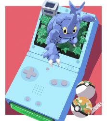 absurdres artist_name border game_boy_advance_sp gen_2_pokemon handheld_game_console heracross highres leaf nintendo no_humans outside_border poke_ball pokemon pokemon_(creature) red_background safari_ball sakanagi_(a_r_co) solo white_border